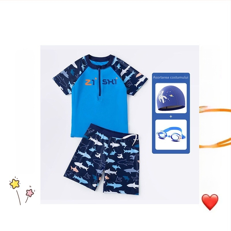 Set de două piese pentru băieți: șorturi de baie și șapcă; pentru copii mai mari; material: nylon și vinylon