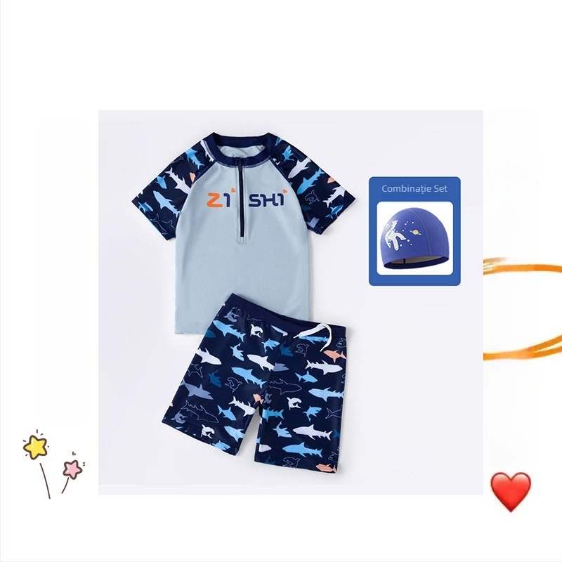 Set de două piese pentru băieți: șorturi de baie și șapcă; pentru copii mai mari; material: nylon și vinylon
