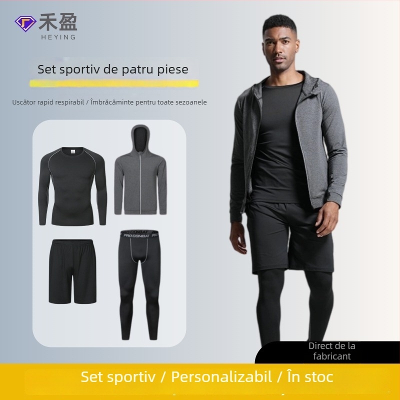 Set de fitness din patru piese, cu elasticitate înaltă, uscare rapidă, țesătură Milk Silk Spandex, mâneci scurte și pantaloni scurți