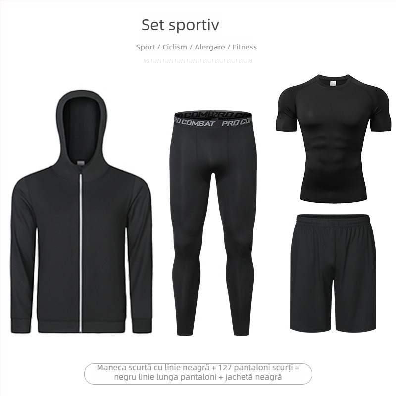 Set de fitness din patru piese, cu elasticitate înaltă, uscare rapidă, țesătură Milk Silk Spandex, mâneci scurte și pantaloni scurți