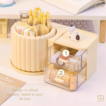 Suport rotativ all-in-one pentru pixuri și organizator de birou, modern minimalist, capacitate mare (Materiale: ABS+PS+PP+HIPS; Personalizabil; lansat 2023; Stil: Simplitate modernă)
