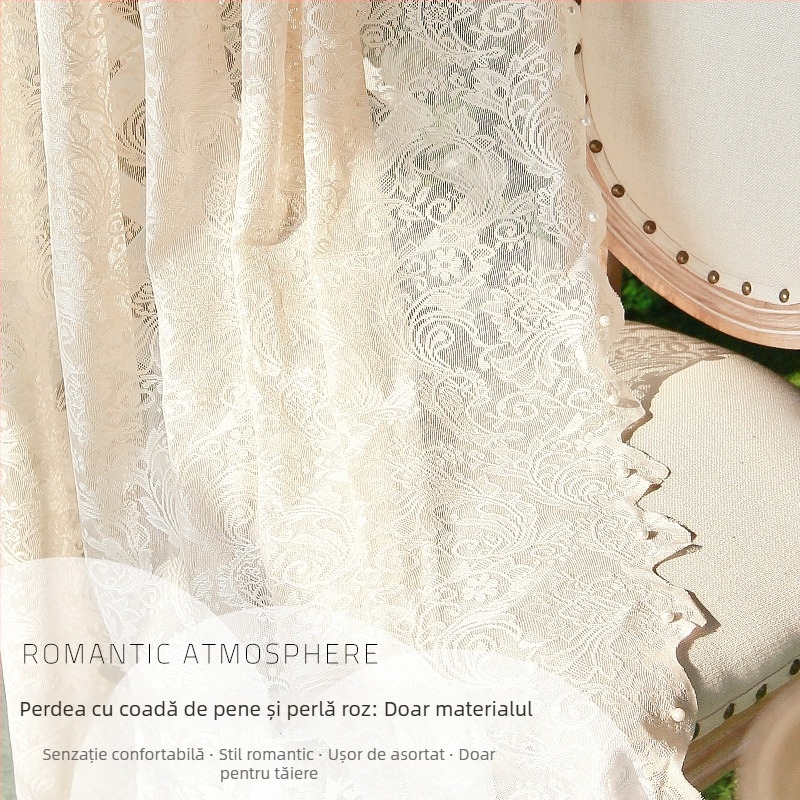 Cortină romantică franțuzească din tul dantelat, alb perlat, țesătură finisată pentru camera prințesei, cu găuri pentru cârlige