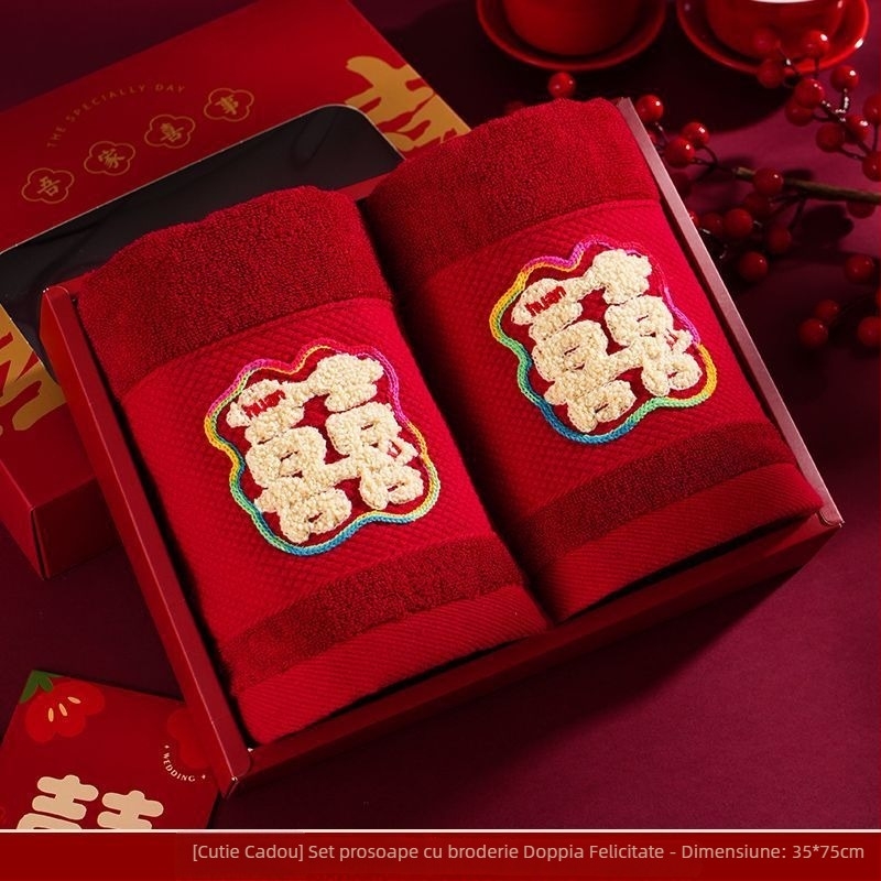 Set de două prosoape de față pentru nuntă, într-o cutie cadou, fără scame, nu se decolorează, bumbac 200 g și peste