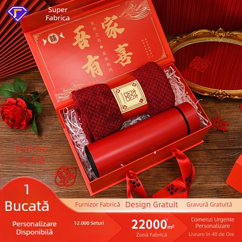 Set cadou cu cană ceramică termoizolantă și prosop, stil etnic, pentru nunți și cadouri de afaceri