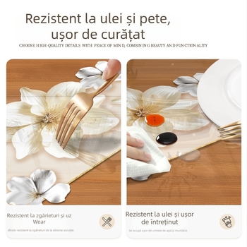 Protecție de masă transparentă din PVC - impermeabilă, anti-alunecare, model floral