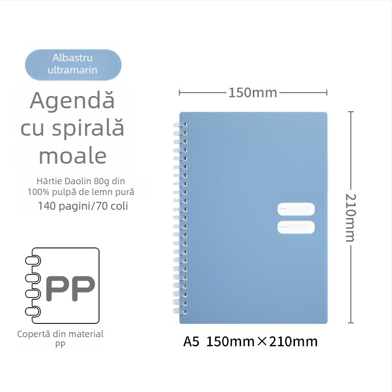 Caiet spirală cu copertă PP moale, model 833, 140 de pagini text, hârtie 80 gsm
