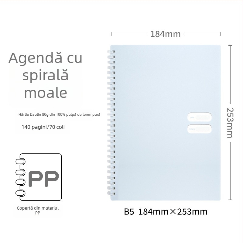 Caiet spirală cu copertă PP moale, model 833, 140 de pagini text, hârtie 80 gsm