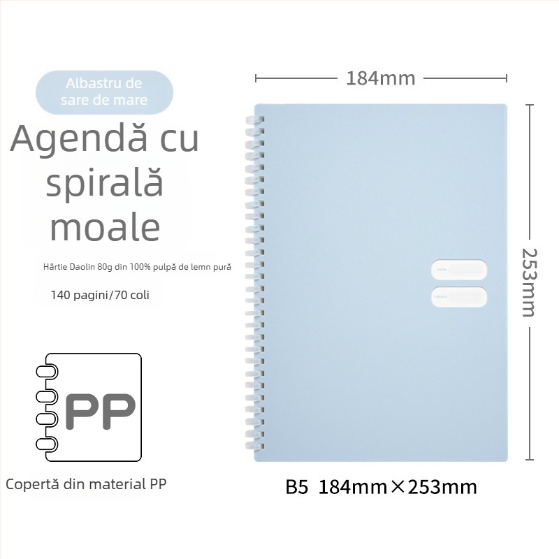 Caiet spirală cu copertă PP moale, model 833, 140 de pagini text, hârtie 80 gsm