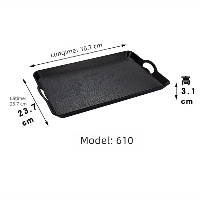 Tavă de servire în stil japonez, model lemn, dreptunghiulară, din plastic, protecție împotriva arsurilor, imprimare logo disponibilă