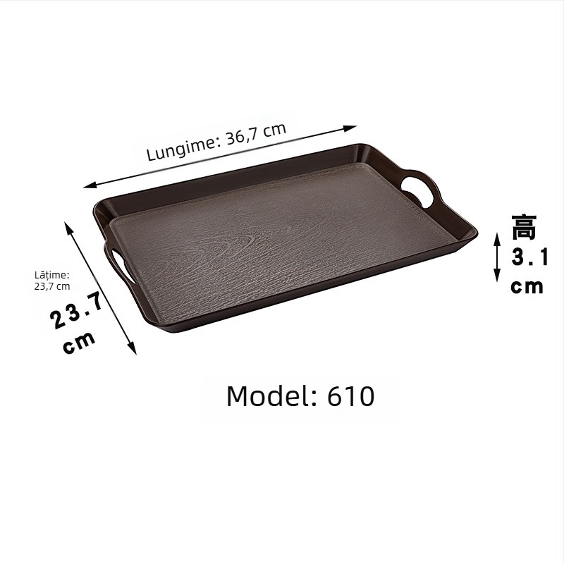 Tavă de servire în stil japonez, model lemn, dreptunghiulară, din plastic, protecție împotriva arsurilor, imprimare logo disponibilă