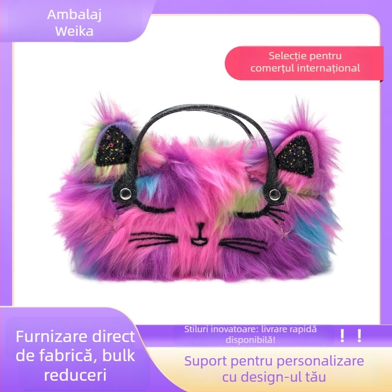 Etui pluș pentru ochelari pentru copii, temă pisică, material textil, broderie, design desen animat, personalizabil