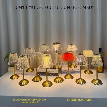 Lampă de masă din cristal, atingere, încărcare USB, bază metalică, iluminare ambientală