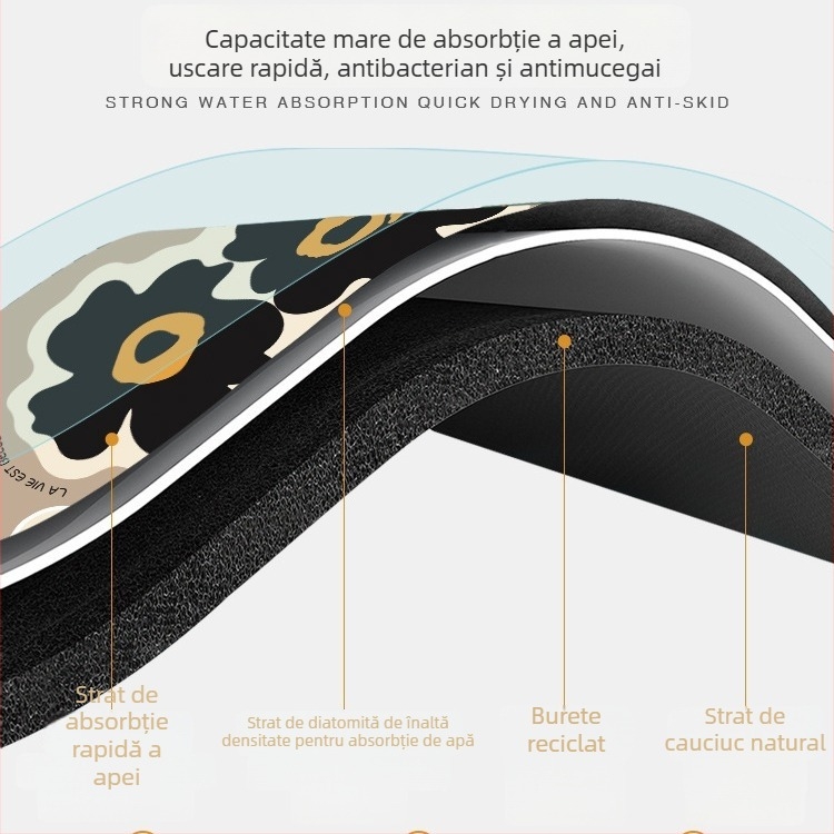 Set covorașe de podea pentru bucătărie din lut diatom – absorbant, anti-derapant, impermeabil, rezistent la ulei, lavabil, cu model floral