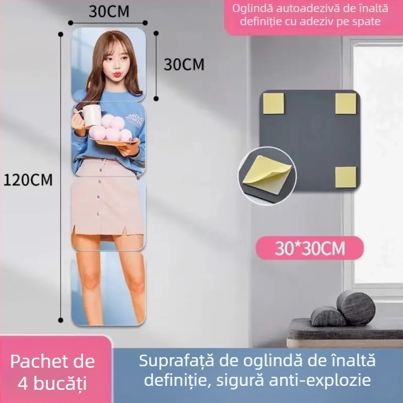 oglindă de perete autoadezivă, oglindă minimalistă pentru dormitor, model geometric abstract, rezistentă la apă și la ulei, acrilic, gri deschis, colțuri rotunjite 2,0 mm, 1 bucată