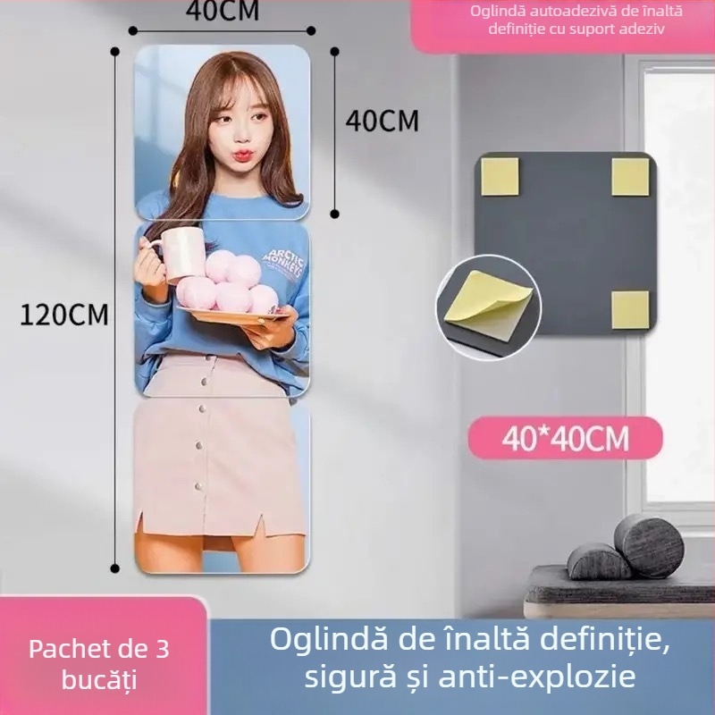 oglindă de perete autoadezivă, oglindă minimalistă pentru dormitor, model geometric abstract, rezistentă la apă și la ulei, acrilic, gri deschis, colțuri rotunjite 2,0 mm, 1 bucată