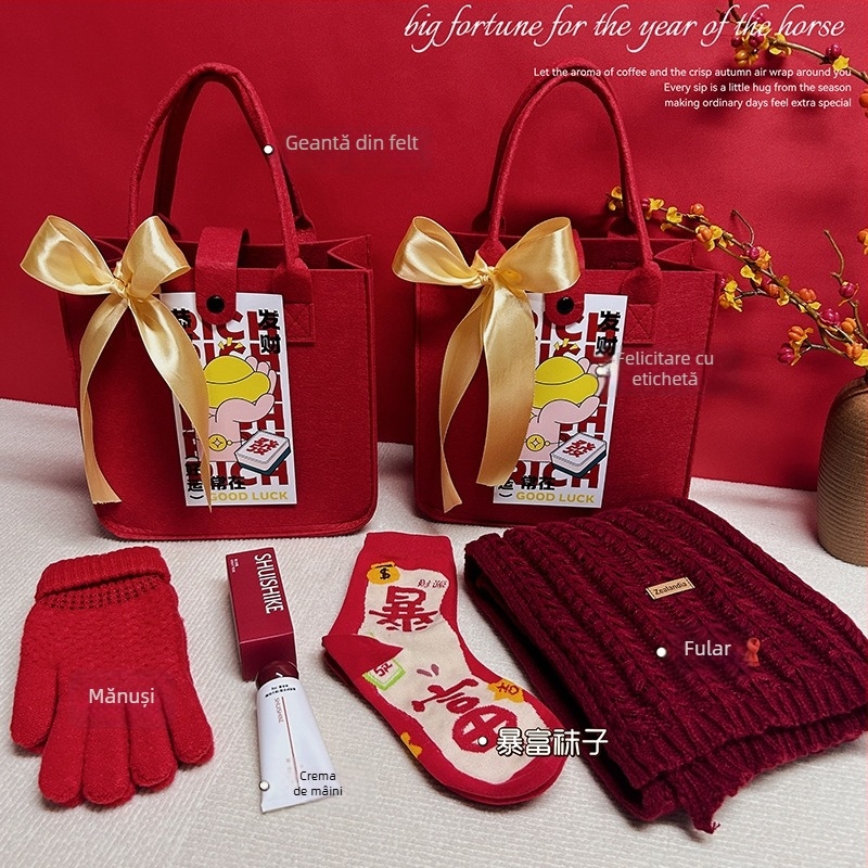 Set cadou de afaceri din felt, în stil chinezesc, în cutie cadou; destinat cadourilor corporatiste, promoționale și publicitare.