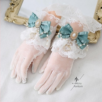 Mănuși Lolita cu funda dantelată și lanț de mărgele, degete separate, protecție UV, stil retro elegant, bază din bumbac și material Ice Silk