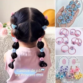 Set accesorii păr pentru fetițe: Elsa Prințesa — bandă florală pentru cap și șnur de păr elastic, fără urme, lucrat manual, plastic/rășină