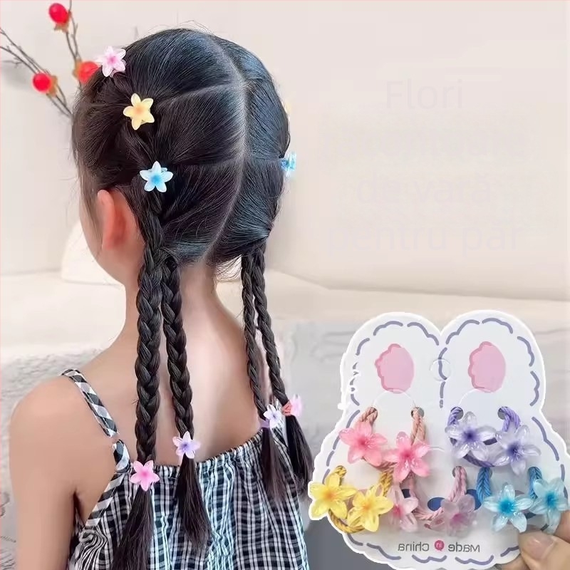 Set accesorii păr pentru fetițe: Elsa Prințesa — bandă florală pentru cap și șnur de păr elastic, fără urme, lucrat manual, plastic/rășină