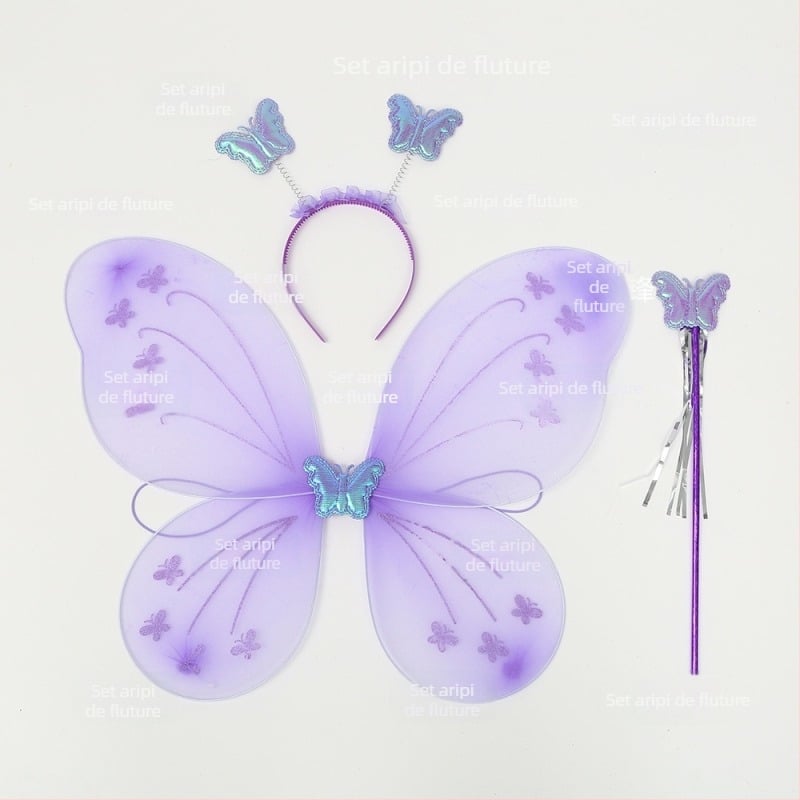 Set cu 8 aripi de fluture, baghetă magică, diademă, jucărie zână cu flori, accesoriu pentru spatele îngerului