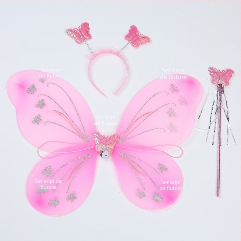 Set cu 8 aripi de fluture, baghetă magică, diademă, jucărie zână cu flori, accesoriu pentru spatele îngerului