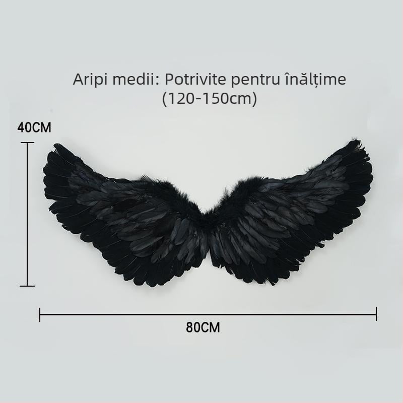 Aripi de înger pentru spatele costum de Halloween pentru adulți, cu pene albe și negre