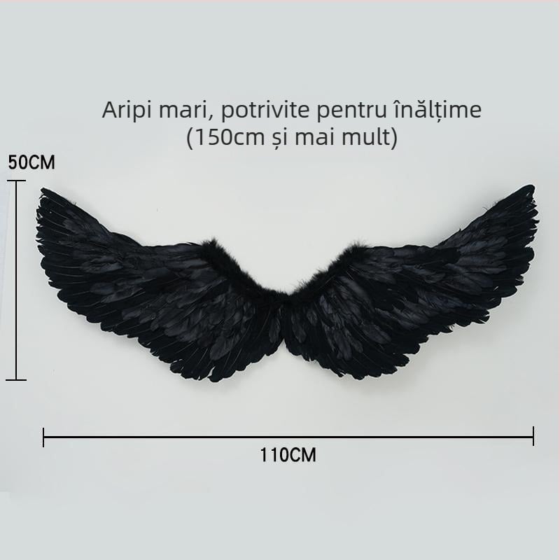Aripi de înger pentru spatele costum de Halloween pentru adulți, cu pene albe și negre