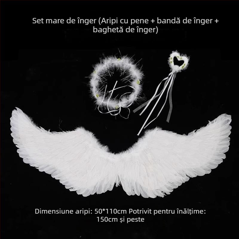 Aripi de înger pentru spatele costum de Halloween pentru adulți, cu pene albe și negre