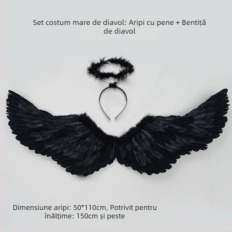 Aripi de înger pentru spatele costum de Halloween pentru adulți, cu pene albe și negre