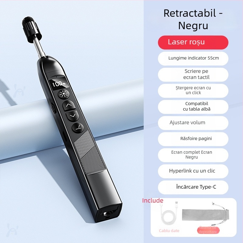 Pix de prezentare cu telecomandă, laser, pentru derularea paginilor în PPT și tablă interactivă, cu indicator digital telescopic