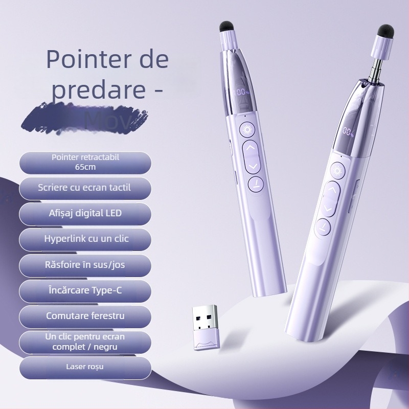 Pix de prezentare cu telecomandă, laser, pentru derularea paginilor în PPT și tablă interactivă, cu indicator digital telescopic