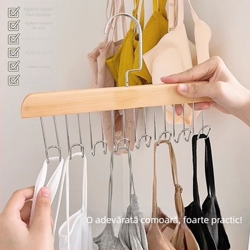 Cuier din lemn masiv pentru cravate, cu 8 cârlige, organizator de haine multifuncțional