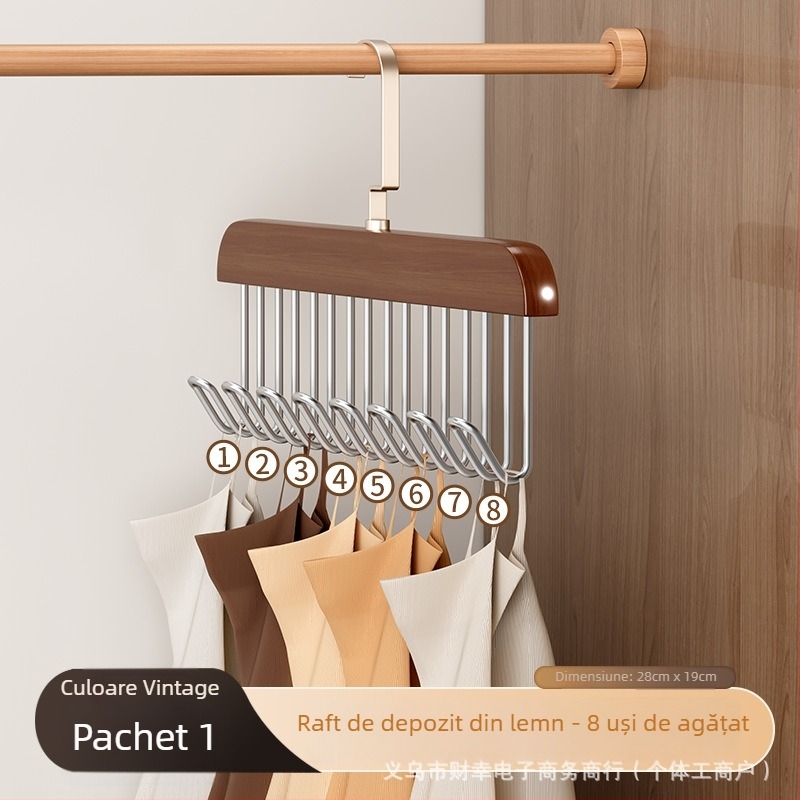 Cuier din lemn masiv pentru cravate, cu 8 cârlige, organizator de haine multifuncțional