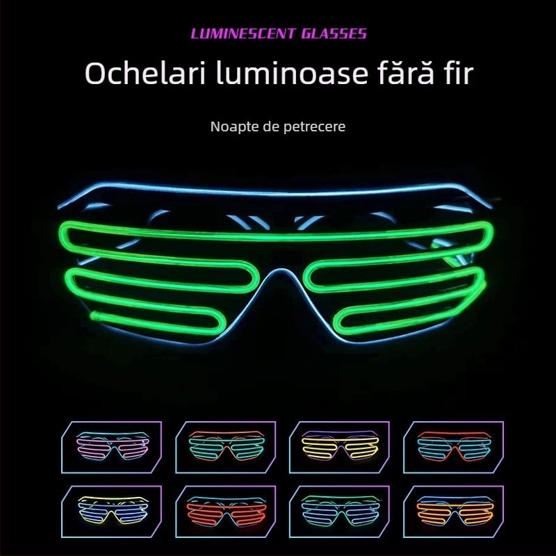 Ochelari fără fir luminoși – recuzită pentru petreceri și spectacole; Material: plastic; Alimentare: 2x1.5V AAA sau 2x7 baterii (bateriile nu sunt incluse); Impresia logo: posibil; Confecție: semi-manuală și semi-mecanică