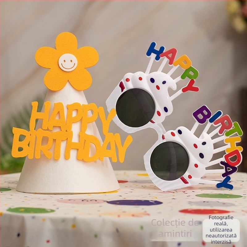 Rekvizite foto pentru petrecerea copiilor: coroană, pălărie pentru tort, accesorii pentru cap și ochelari (Material: floare de mătase; Brand: Sound booth; Categoria produsului: accesorii pentru machiaj/costume; Cadou: potrivit ca dar de afaceri)