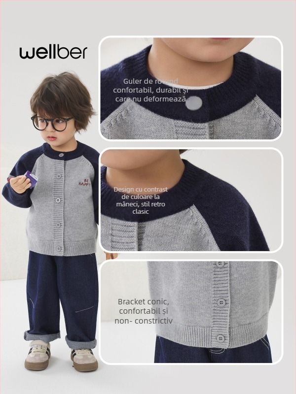 Cardigan tricotat pentru copii, din bumbac, cu mâneci lungi și guler rotund, pentru toamnă, primăvară și iarnă