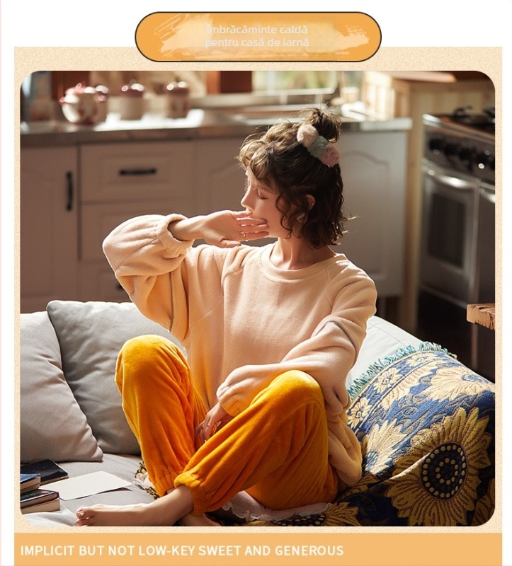 Set pijama din flanelă – stil dulce și drăguț, guler rotund, mâneci lungi, pantaloni, poliester 95–100%