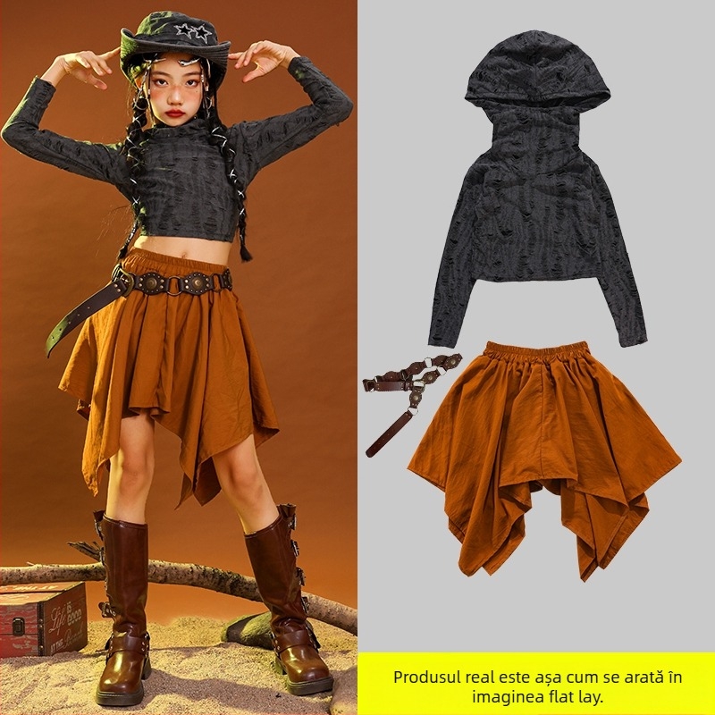 Costum de dans hip-hop pentru copii, țesătură corduroy din bumbac, pentru vârsta 3–8 ani (100–140 cm), primăvară și toamnă, îmbrăcăminte de reprezentație