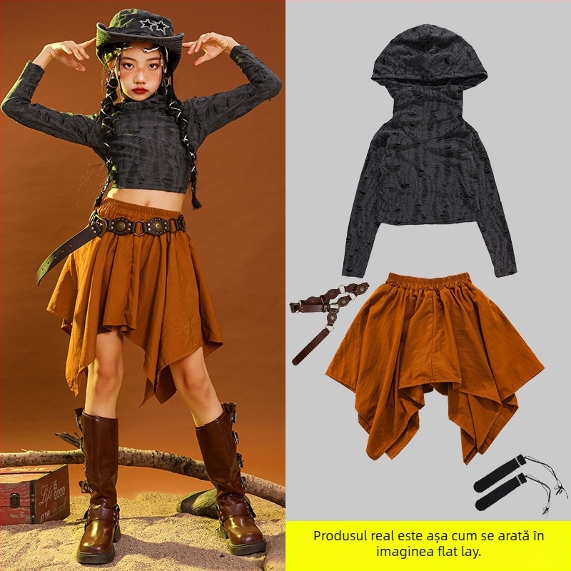 Costum de dans hip-hop pentru copii, țesătură corduroy din bumbac, pentru vârsta 3–8 ani (100–140 cm), primăvară și toamnă, îmbrăcăminte de reprezentație