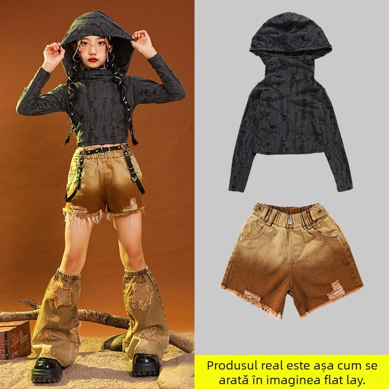 Costum de dans hip-hop pentru copii, țesătură corduroy din bumbac, pentru vârsta 3–8 ani (100–140 cm), primăvară și toamnă, îmbrăcăminte de reprezentație