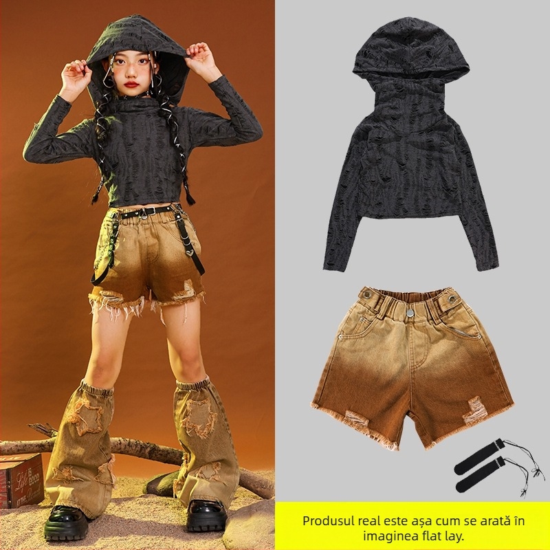 Costum de dans hip-hop pentru copii, țesătură corduroy din bumbac, pentru vârsta 3–8 ani (100–140 cm), primăvară și toamnă, îmbrăcăminte de reprezentație