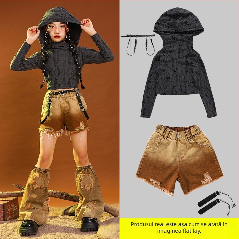 Costum de dans hip-hop pentru copii, țesătură corduroy din bumbac, pentru vârsta 3–8 ani (100–140 cm), primăvară și toamnă, îmbrăcăminte de reprezentație