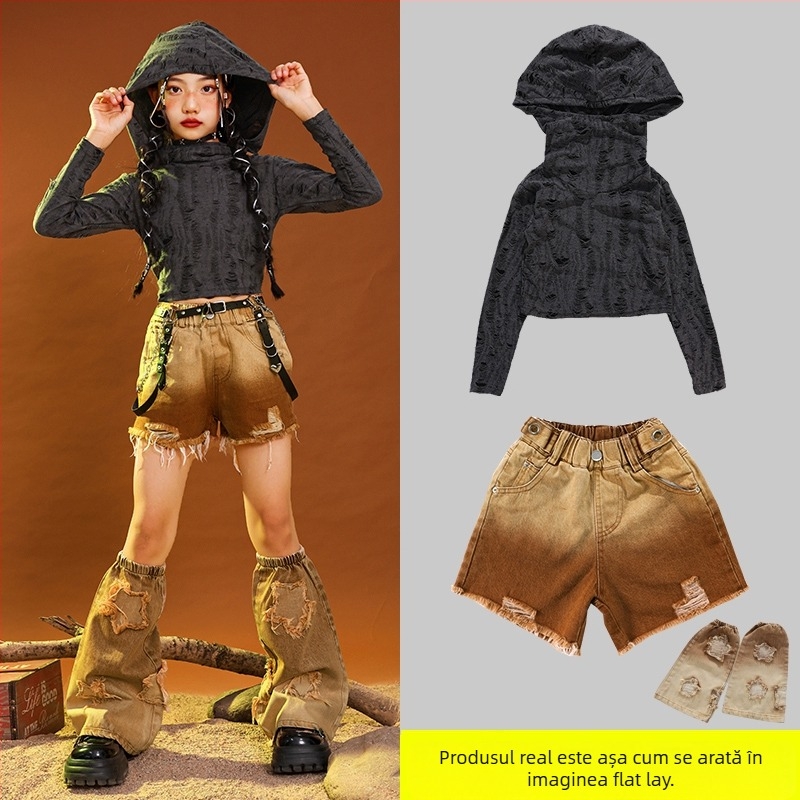 Costum de dans hip-hop pentru copii, țesătură corduroy din bumbac, pentru vârsta 3–8 ani (100–140 cm), primăvară și toamnă, îmbrăcăminte de reprezentație