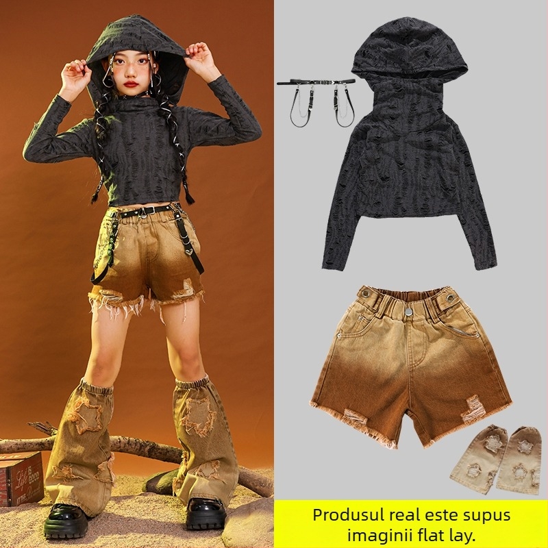 Costum de dans hip-hop pentru copii, țesătură corduroy din bumbac, pentru vârsta 3–8 ani (100–140 cm), primăvară și toamnă, îmbrăcăminte de reprezentație