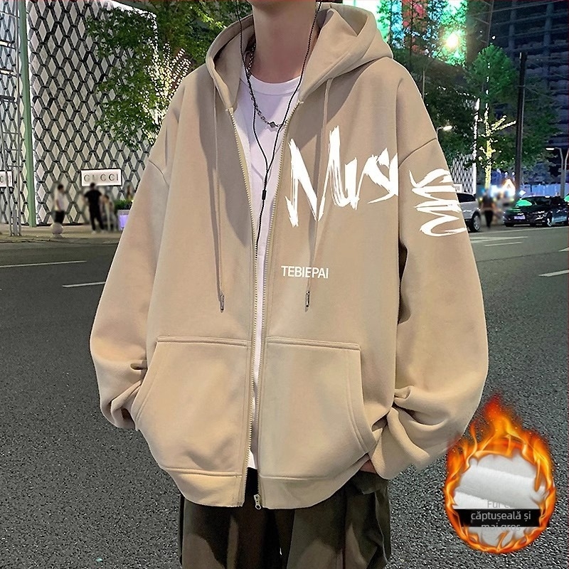 Hanorac cardigan cu fermoar, imprimă cu litere în stil Hong Kong, amestec bumbac-poliester 58,7%/41,3%, guler înalt, mâneci Raglan, potrivit pentru toate sezoanele