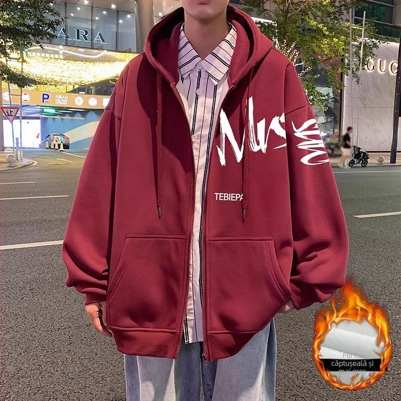 Hanorac cardigan cu fermoar, imprimă cu litere în stil Hong Kong, amestec bumbac-poliester 58,7%/41,3%, guler înalt, mâneci Raglan, potrivit pentru toate sezoanele