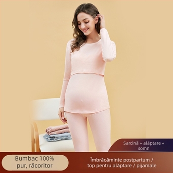 Set vestimentar postnatal pentru alăptare — 100% bumbac, top cu mânecă lungă + pantaloni lungi, culoare solidă, deschidere pentru alăptare