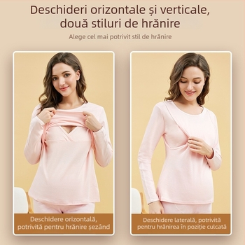 Set vestimentar postnatal pentru alăptare — 100% bumbac, top cu mânecă lungă + pantaloni lungi, culoare solidă, deschidere pentru alăptare