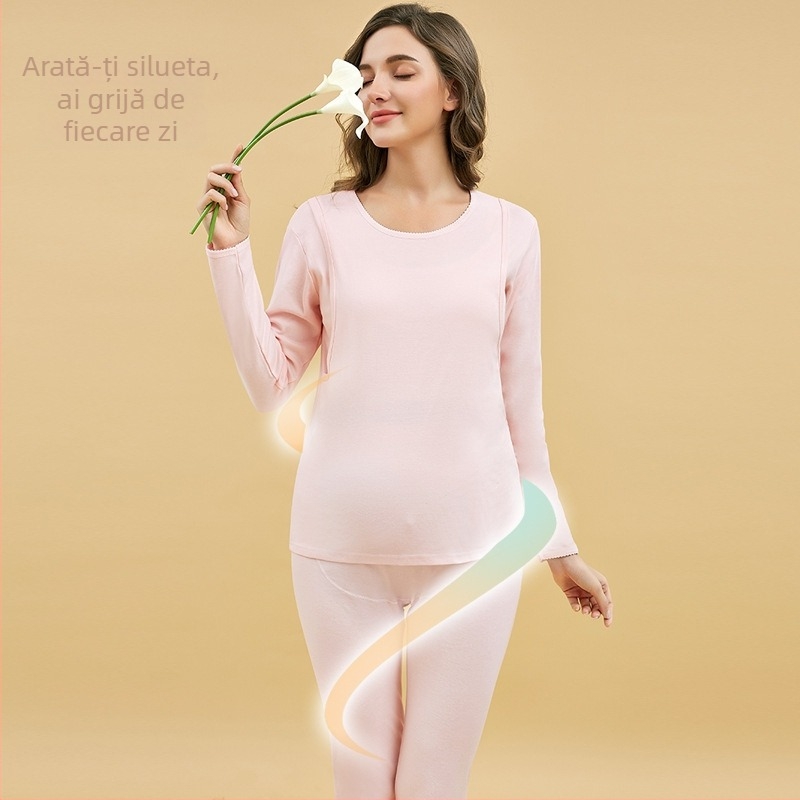 Set vestimentar postnatal pentru alăptare — 100% bumbac, top cu mânecă lungă + pantaloni lungi, culoare solidă, deschidere pentru alăptare