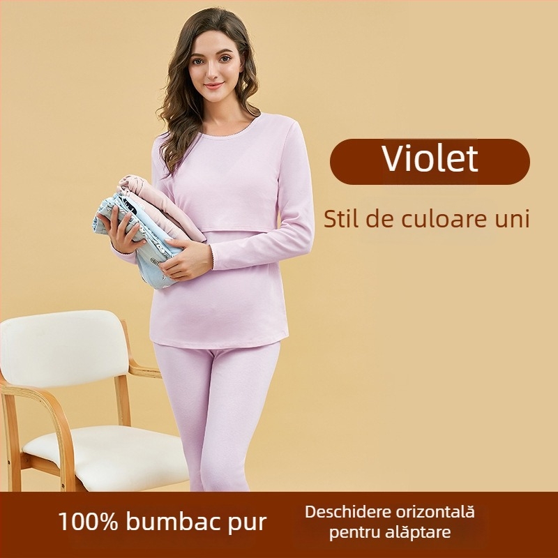 Set vestimentar postnatal pentru alăptare — 100% bumbac, top cu mânecă lungă + pantaloni lungi, culoare solidă, deschidere pentru alăptare